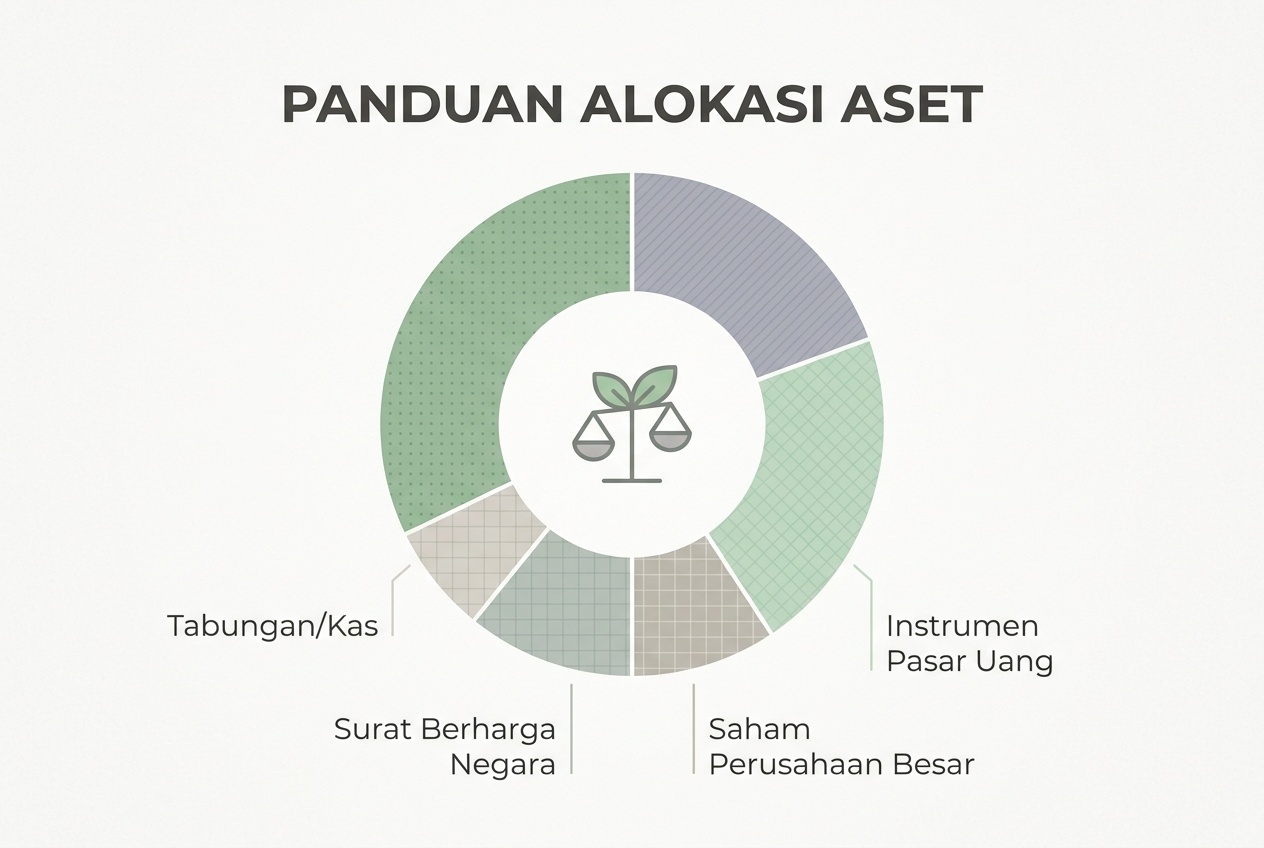 Diagram lingkaran sederhana yang menggambarkan proporsi alokasi aset secara edukatif