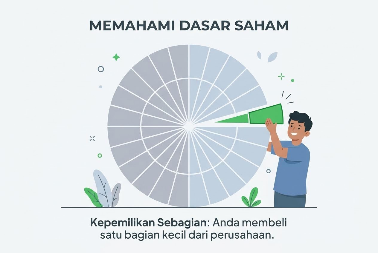 Ilustrasi sederhana yang menjelaskan konsep lembar kepemilikan saham bagi pemula