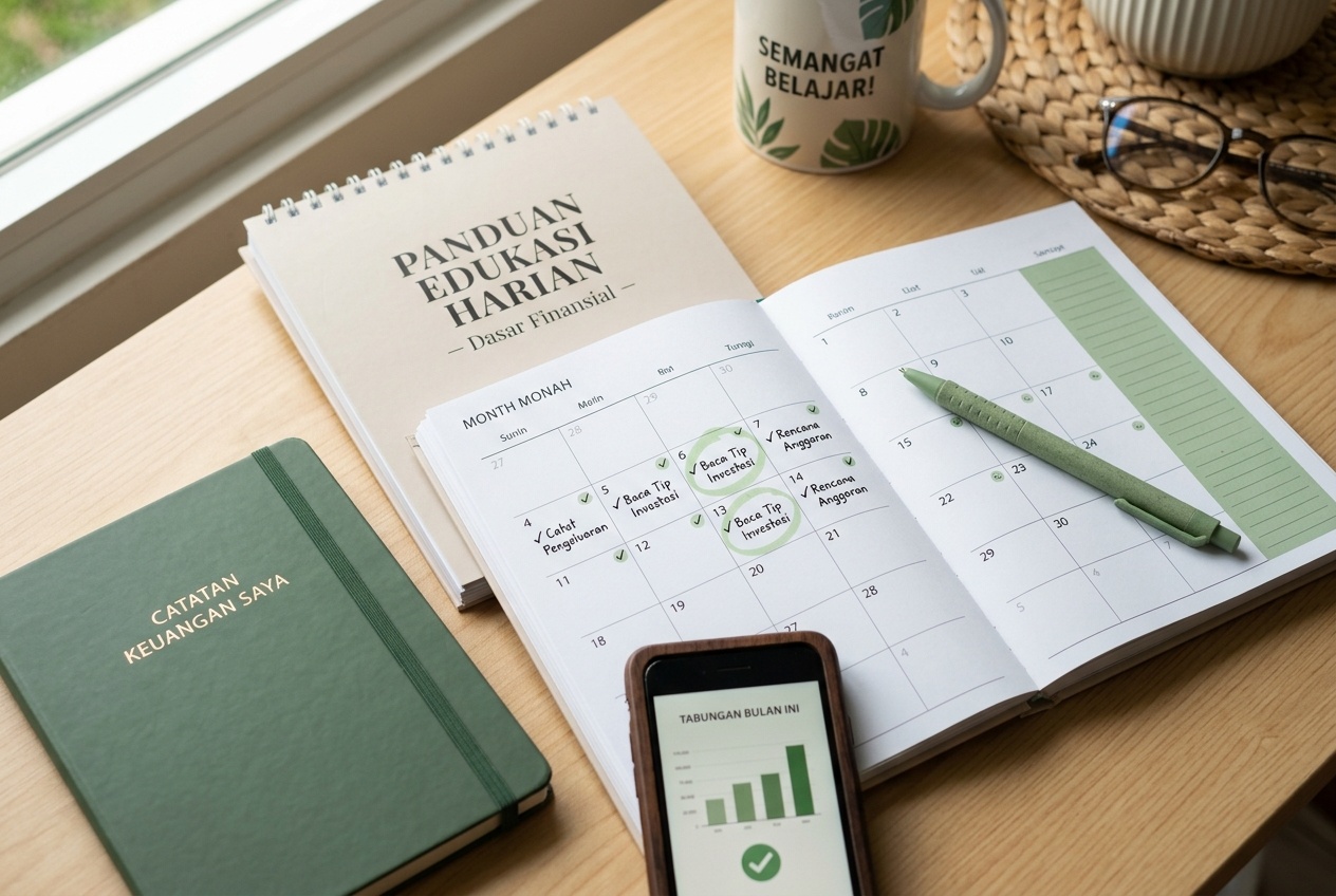 Kalender dan buku catatan kecil menggambarkan kebiasaan belajar keuangan harian