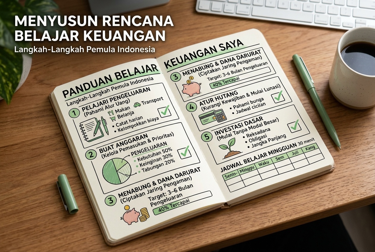 Papan rencana dengan tahapan dan jadwal belajar keuangan untuk pemula